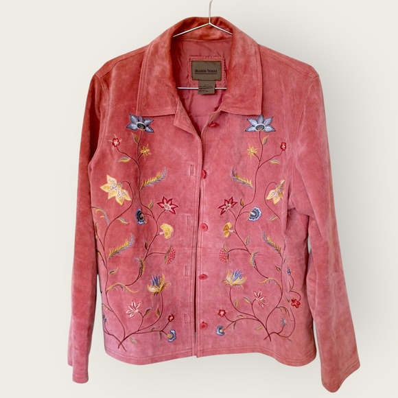 Brandon Thomas Suede Leather Embroidered Floral Jacket Coat Pink Womens - Picture 1 of 10